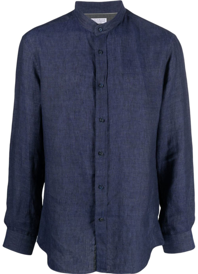 Brunello Cucinelli Button-front Collarless Shirt In Blue