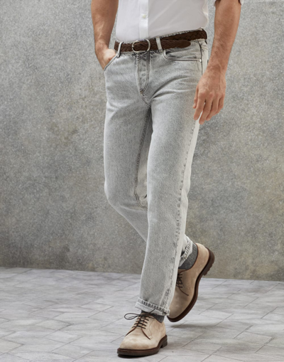 Brunello Cucinelli Men's Aged Denim Straight Fit Jeans In Gray