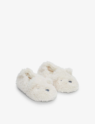 The Little White Company Girls Natural Kids Teddy Bear Embroidered Borg Slippers 0-8 Years