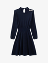 Ikks Womens Navy Blue Diamante Button-embellished Cotton-blend Midi Dress