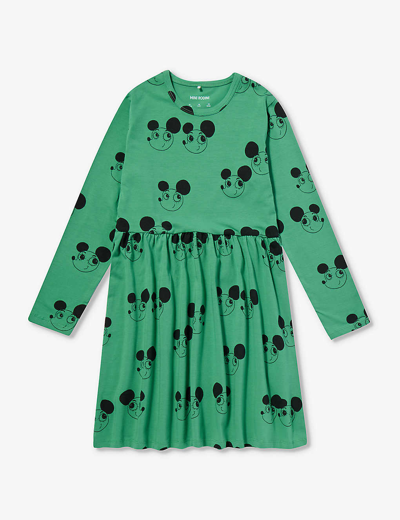 Mini Rodini Girls Green Kids Ritzrats-print Long-sleeve Stretch-cotton Dress 9 Months - 11 Years