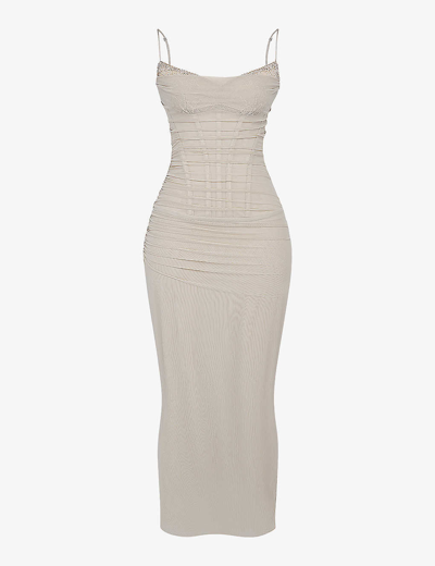 House Of Cb Womens Sand Nalini Corseted Stretch-woven Maxi Dress