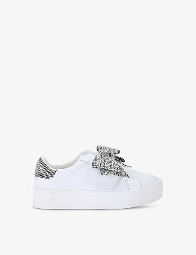 KURT GEIGER MINI LANEY CRYSTAL-EMBELLISHED BOW LEATHER TRAINERS 6-7 YEA
