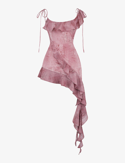 House Of Cb Womens Pink Print Lyrah Ruffle-trim Stretch-woven Mini Dress