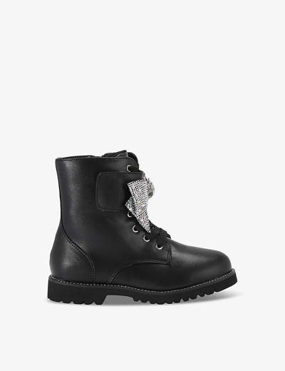 KURT GEIGER KURT GEIGER LONDON GIRLS BLACK KIDS KENSINGTON CRYSTAL-BOW LEATHER BOOTS 7-9 YEARS