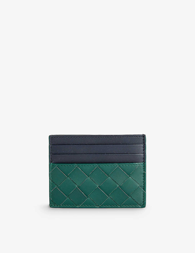 Bottega Veneta Double-faced Woven Leather Card Holder In Emerald Gr/sp/sp-s