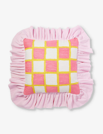 Wavey Casa Womens Pale Pink Checked Ruffled-trim Cotton Cushion Cover