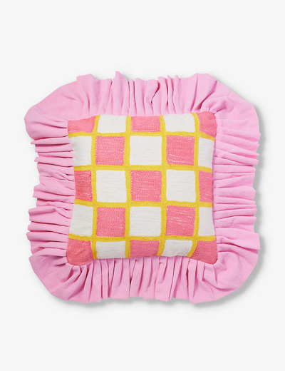 Wavey Casa Womens Bright Pink Checked Ruffled-trim Cotton Cushion Cover