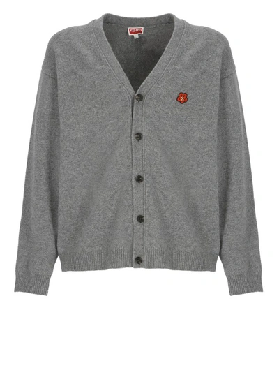 Kenzo Flower-patch Wool Cardigan In Grey