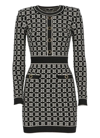 Elisabetta Franchi Dress In Jacquard Knit With Logo In Black