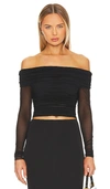 Alice And Olivia Isadola Ruched Off The Shoulder Mesh Crop Top In Black