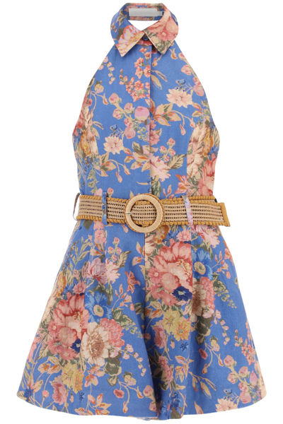 Zimmermann August Linen Playsuit In Blue