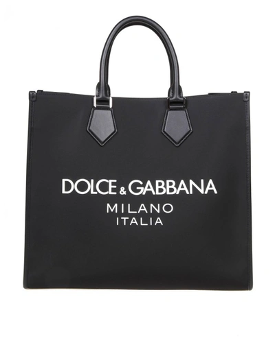 Dolce & Gabbana Shopping Bag In Fabric With Rubberized Logo In Black