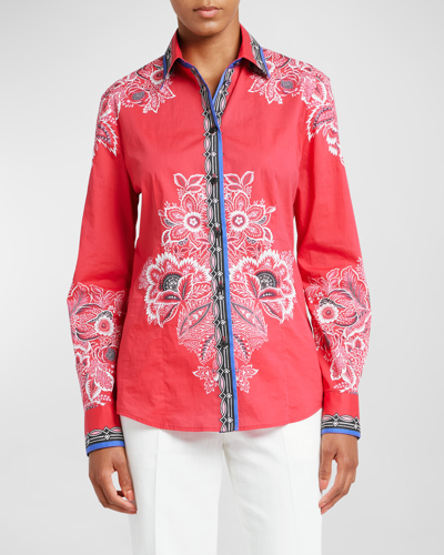 Etro Bandana Border-print Collared Cotton Shirt In Red