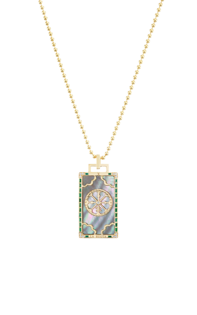 Sorellina La Ruota Piccola 18k Yellow Gold Mother-of-pearl Tarot Card Necklace In Multi