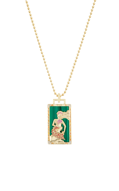 Sorellina La Forza Piccola 18k Yellow Gold Malacite Tarot Card Necklace In Green