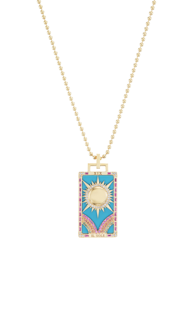 Sorellina Il Sole Piccola 18k Yellow Gold Turquoise Tarot Card Necklace In Blue