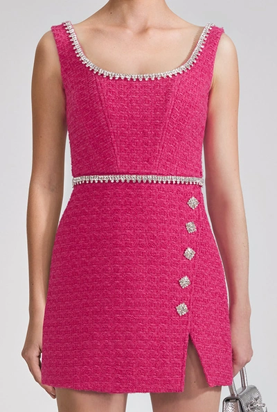 Self-portrait Button-embellished Contrast-trim Woven Mini Dress In Pink