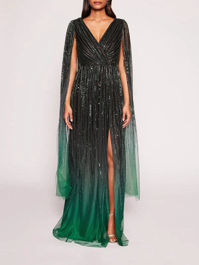 Marchesa Ombre Beaded Gown In Emerald Multi