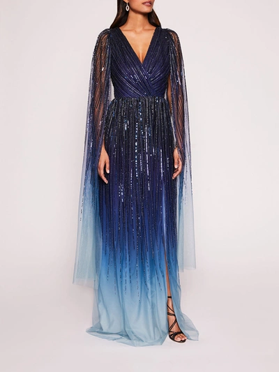 Marchesa Ombre Beaded Gown In Navy Multi