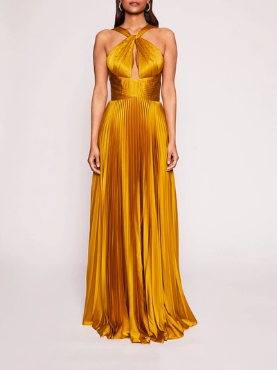 Marchesa Pleated Foil Gown In Gold