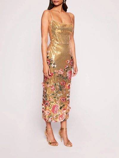 Marchesa Shimmer Midi Dress In Gold Multi