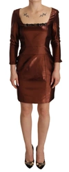 Gf Ferre' Metallic Brown Long Sleeves Square Neck Sheath Dress In Gold