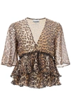 Ganni Almond Milk Pleated Georgette V-neck Flounce Mini Dress In Animal Print Recycled Polyester In Beige, Black