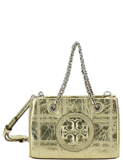Tory Burch 'fleming Soft' Mini Gold-colored Shoulder Bag With Embossed Logo In Metallic Leather Woman