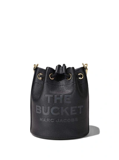 Marc Jacobs 'the Leather Bucket' Black Handbag With Drawstring And Front Logo In Hammered Leather Woman