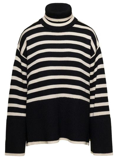 TOTÊME BLACK AND WHITE SWEATER WITH STRIPED MOTIF IN WOOL WOMAN