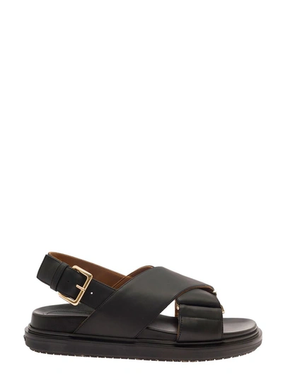 MARNI BLACK CRISS-CROSS SANDALS IN SMOOTH LEATHER WOMAN