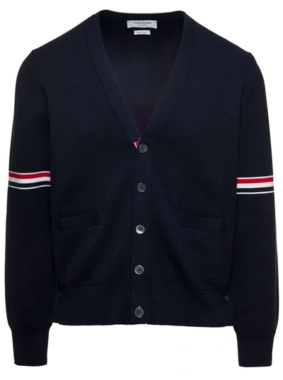 Thom Browne Cotton Milano Stitch Stripe Armband V-neck Cardigan In Blu