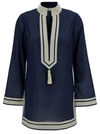 TORY BURCH BLUE TUNIC WITH CONTRASTING DETAILS AND TASSEL IN COTTON WOMAN