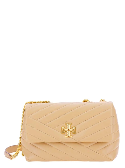 TORY BURCH 'SMALL CONVERTIBLE KIRA' BEIGE SHOULDER BAG WITH LOGO IN CHEVRON-QUILTED LEATHER WOMAN