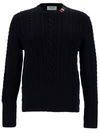 THOM BROWNE BLUE CREWNECK CABLE KNIT SWEATER WITH RWB STRIPE DETAIL IN WOOL MAN