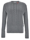 THOM BROWNE GREY CREWNECK CABLE KNIT SWEATER WITH RWB STRIPE DETAIL IN WOOL MAN