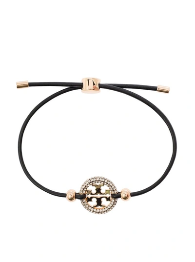 Tory Burch Black Bracelet With Logo Detail And Rhinestone In Leather Woman