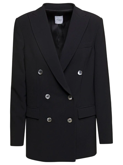 Plain Black Double-breasted Jacket With Peaked Revers And Tonal Buttons Woman