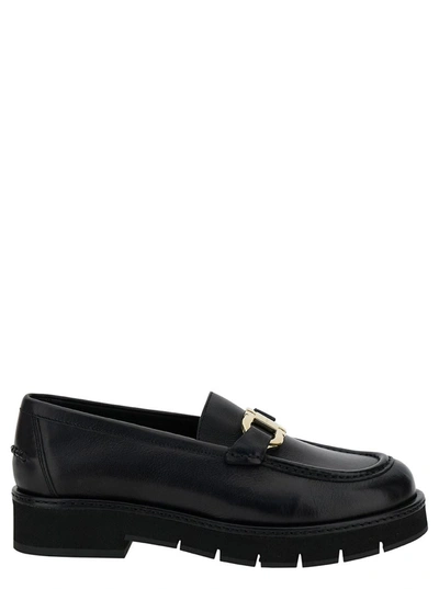 FERRAGAMO 'MAYNA' BLACK LOAFERS WITH GANCINI DETAIL AND PLATFORM IN LEATHER WOMAN