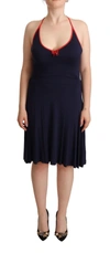 Roccobarocco Navy Blue Sleeveless Halter Sheath Midi Dress In Blue