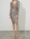 JOSEPH RIBKOFF LONG SLEEVE SEQUINED DRESS IN SILVER/TAUPE