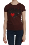 Exte Heart Print Crew Neck  Short Sleeve Blouse In Brown