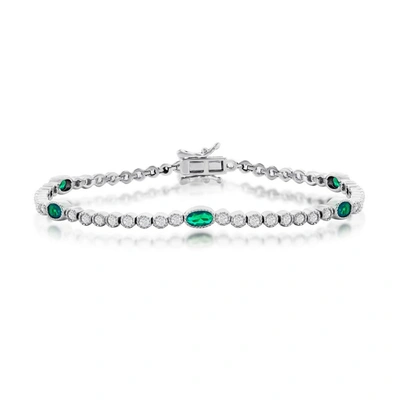 Simona Sterling Silver Beaded Outline Round & Oval Cz Bracelet (green, Blue, Or Red)