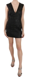 John Richmond Black Leather Studded Mini Shift Dress In Black