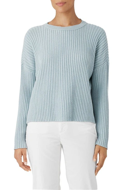 Eileen Fisher Ribbed Crewneck Cotton-cashmere Sweater In Frost