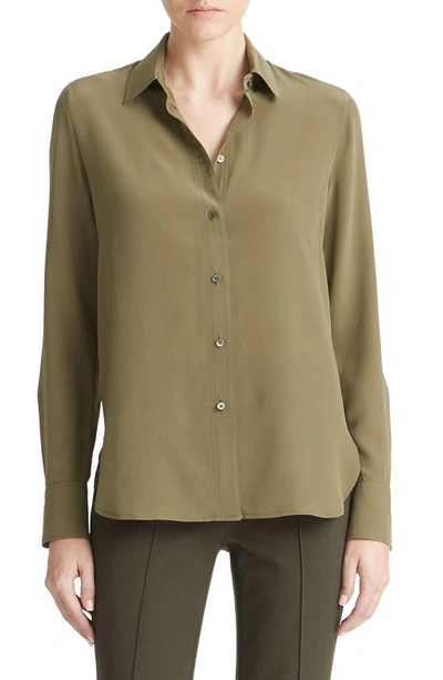 Vince Slim-fitted Stretch Silk Button-front Blouse In Green