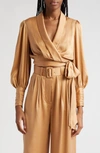 Zimmermann Silk Long-sleeve Wrap Top In Brown