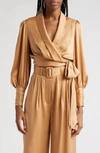 Zimmermann Pleated Washed-silk Wrap Blouse In Sand