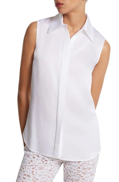 Michael Kors Hansen Sleeveless Satin Collared Shirt In Optic White